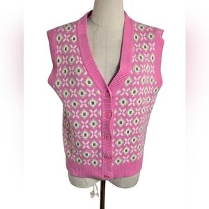 Sun Deh Sunday Best Pink Button Front Floral Sweater Vest
